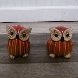 Owl Salt and Pepper Shaker Set Glazed Ceramic Earth Tones Cottage Country Forest